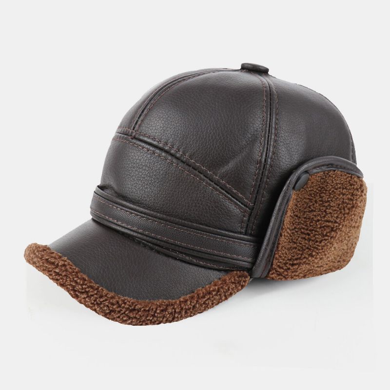 Hombre Faux Leather Plus Thicken Velvet Protección Para Los Oídos Cálido Sombrero De Trampero A Prueba De Viento Sombrero De Béisbol