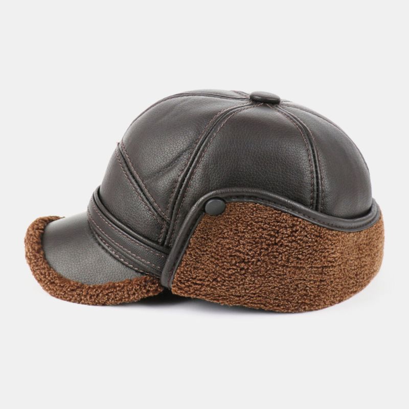 Hombre Faux Leather Plus Thicken Velvet Protección Para Los Oídos Cálido Sombrero De Trampero A Prueba De Viento Sombrero De Béisbol