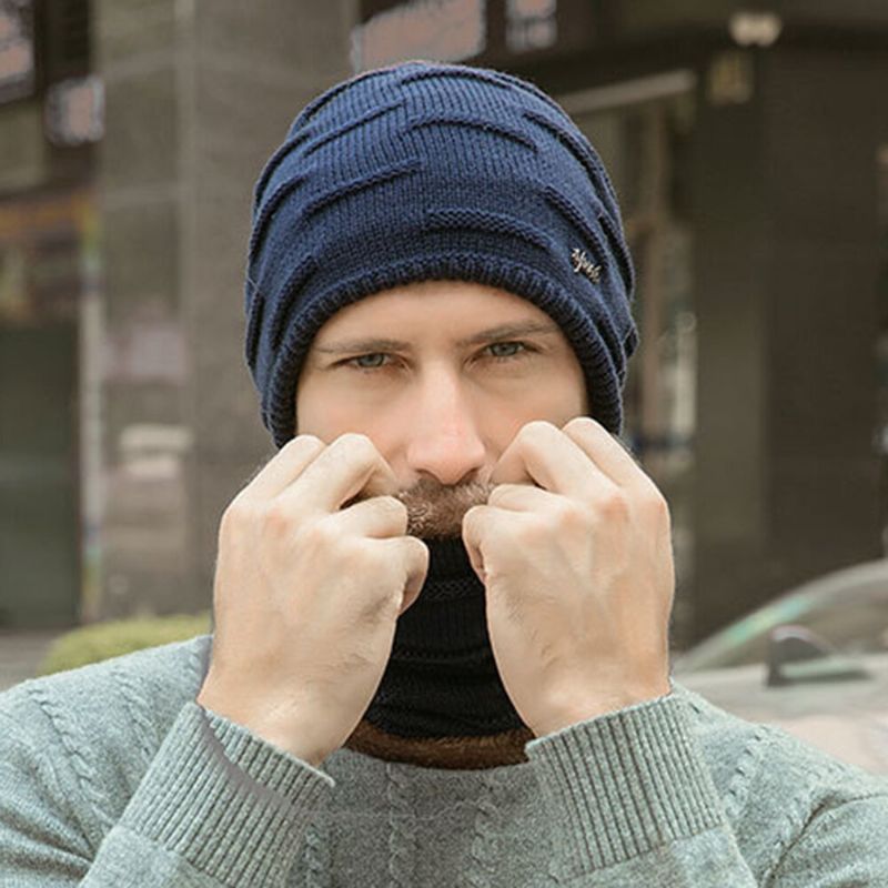 Hombres 2 Uds Más Terciopelo Grueso Invierno Al Aire Libre Mantener Caliente Protección Para El Cuello Sombrero Bufanda Sombrero De Lana Gorro