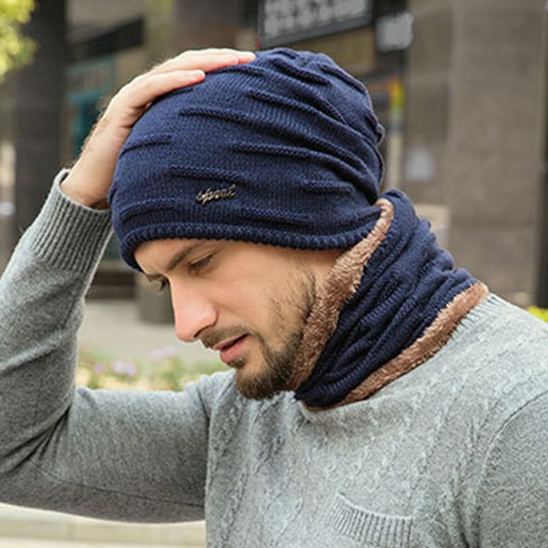 Hombres 2 Uds Más Terciopelo Grueso Invierno Al Aire Libre Mantener Caliente Protección Para El Cuello Sombrero Bufanda Sombrero De Lana Gorro