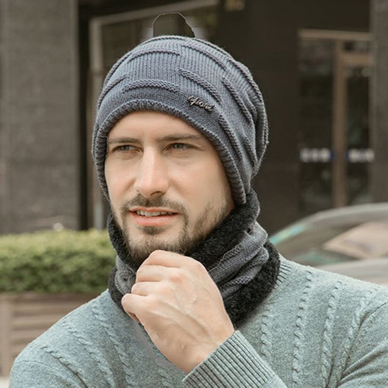 Hombres 2 Uds Más Terciopelo Grueso Invierno Al Aire Libre Mantener Caliente Protección Para El Cuello Sombrero Bufanda Sombrero De Lana Gorro