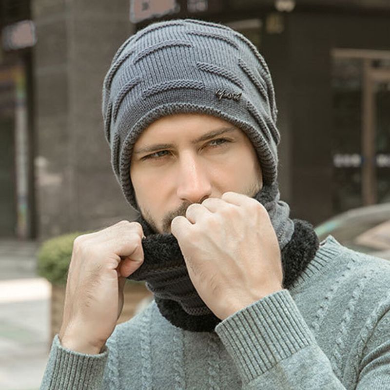 Hombres 2 Uds Más Terciopelo Grueso Invierno Al Aire Libre Mantener Caliente Protección Para El Cuello Sombrero Bufanda Sombrero De Lana Gorro