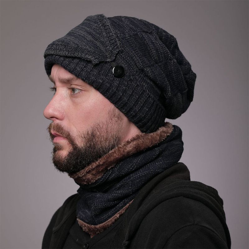 Hombres 2 Uds Más Terciopelo Grueso Invierno Al Aire Libre Mantener Caliente Protección Para El Cuello Sombrero Bufanda De Punto Gorro