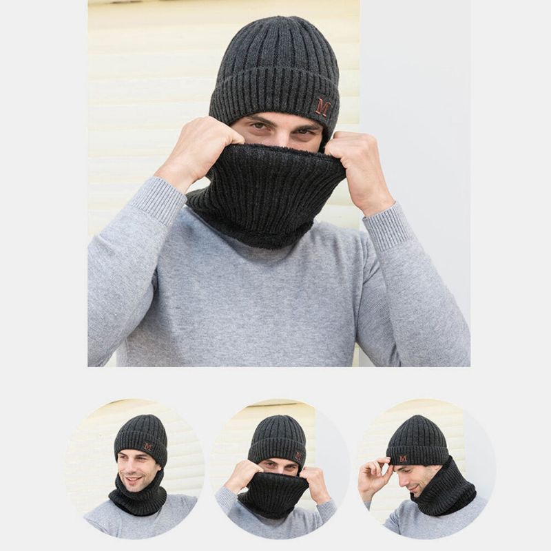 Hombres 2pcs Plus Terciopelo Grueso Elástico A Prueba De Viento Mantenga La Protección Del Cuello Sombrero Cálido Bufanda Gorro De Lana