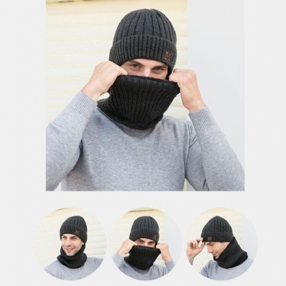 Hombres 2pcs Plus Terciopelo Grueso Elástico A Prueba De Viento Mantenga La Protección Del Cuello Sombrero Cálido Bufanda Gorro De Lana