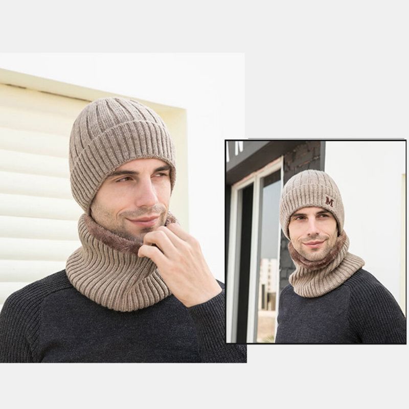 Hombres 2pcs Plus Terciopelo Grueso Elástico A Prueba De Viento Mantenga La Protección Del Cuello Sombrero Cálido Bufanda Gorro De Lana