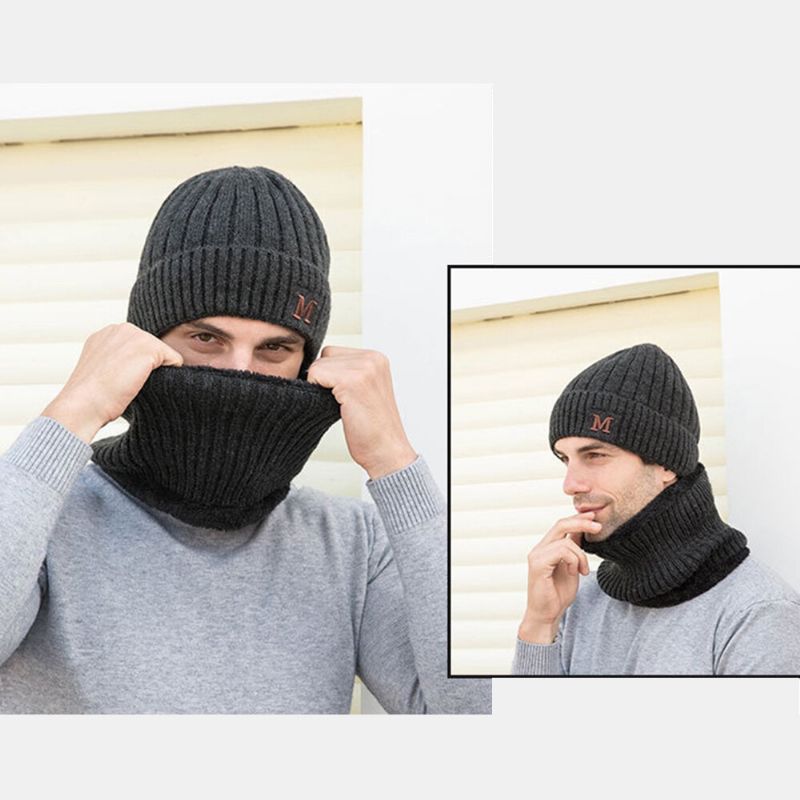 Hombres 2pcs Plus Terciopelo Grueso Elástico A Prueba De Viento Mantenga La Protección Del Cuello Sombrero Cálido Bufanda Gorro De Lana