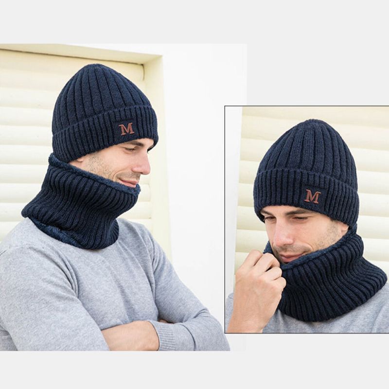 Hombres 2pcs Plus Terciopelo Grueso Elástico A Prueba De Viento Mantenga La Protección Del Cuello Sombrero Cálido Bufanda Gorro De Lana