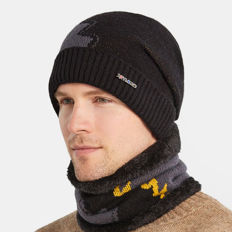 Hombres 2pcs Plus Terciopelo Grueso Trajes De Invierno Cálidos Patchwork Color Cuello Protección Facial Sombrero De Punto Bufanda