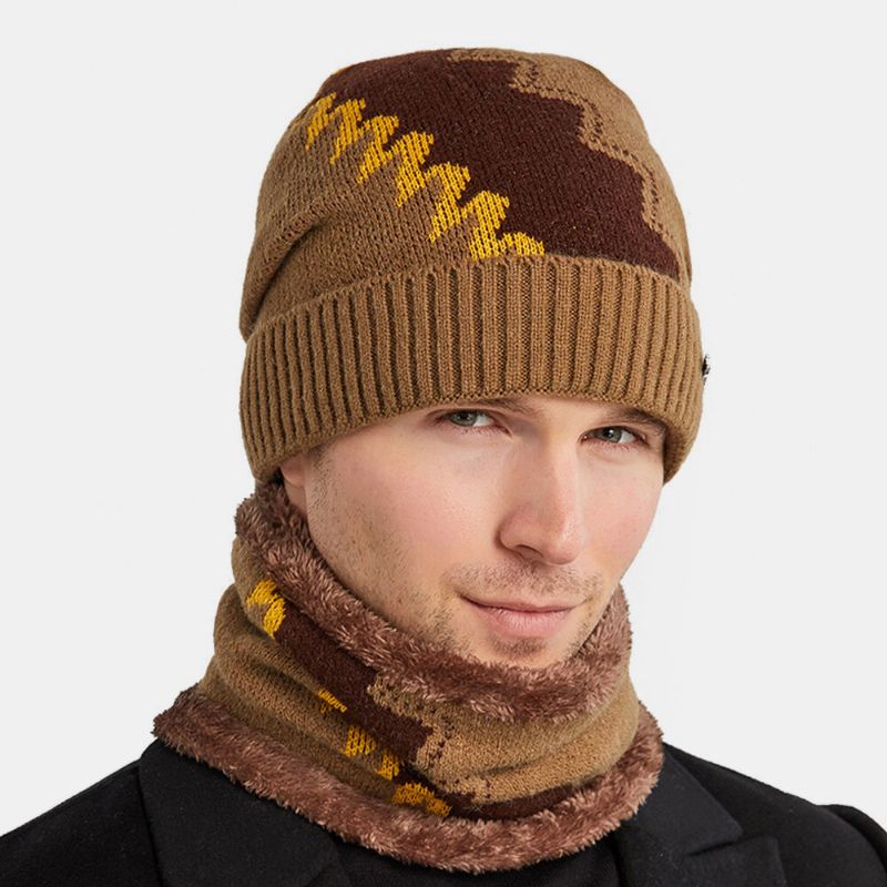 Hombres 2pcs Plus Terciopelo Grueso Trajes De Invierno Cálidos Patchwork Color Cuello Protección Facial Sombrero De Punto Bufanda