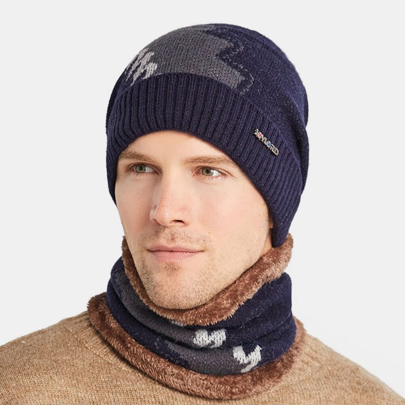 Hombres 2pcs Plus Terciopelo Grueso Trajes De Invierno Cálidos Patchwork Color Cuello Protección Facial Sombrero De Punto Bufanda