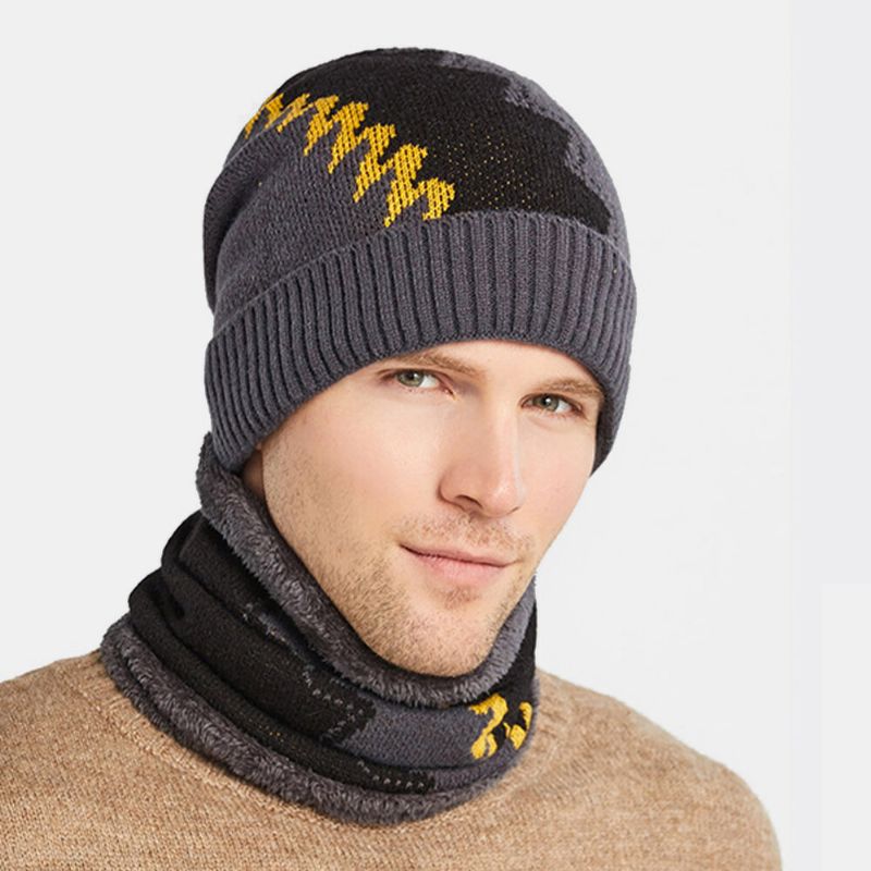 Hombres 2pcs Plus Terciopelo Grueso Trajes De Invierno Cálidos Patchwork Color Cuello Protección Facial Sombrero De Punto Bufanda