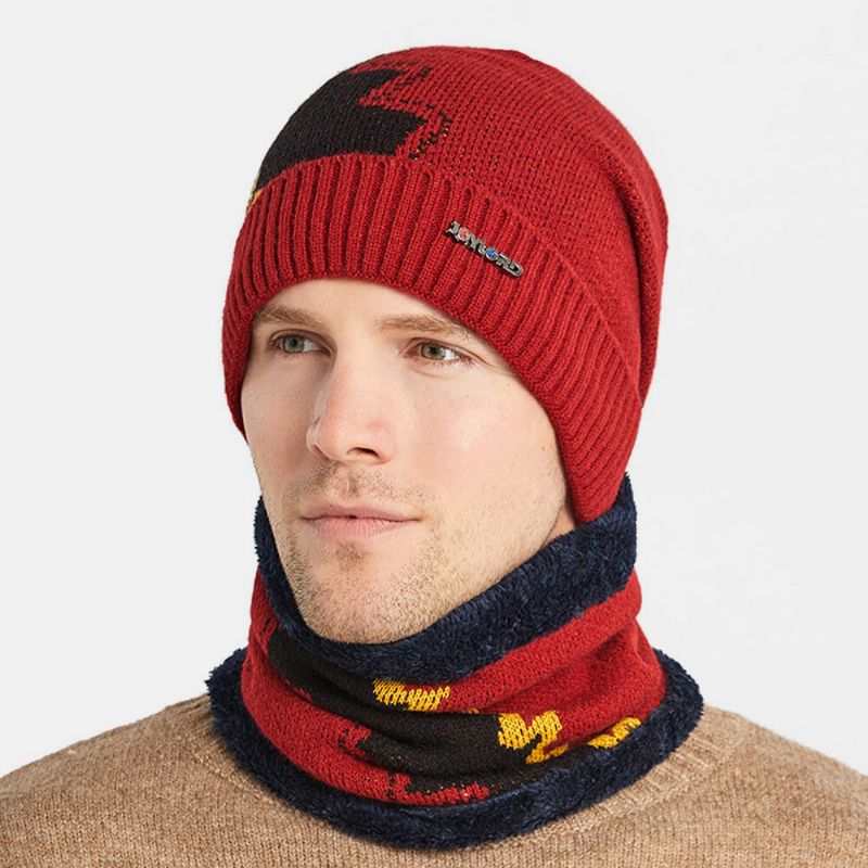 Hombres 2pcs Plus Terciopelo Grueso Trajes De Invierno Cálidos Patchwork Color Cuello Protección Facial Sombrero De Punto Bufanda