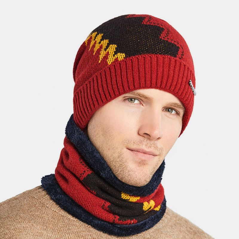 Hombres 2pcs Plus Terciopelo Grueso Trajes De Invierno Cálidos Patchwork Color Cuello Protección Facial Sombrero De Punto Bufanda