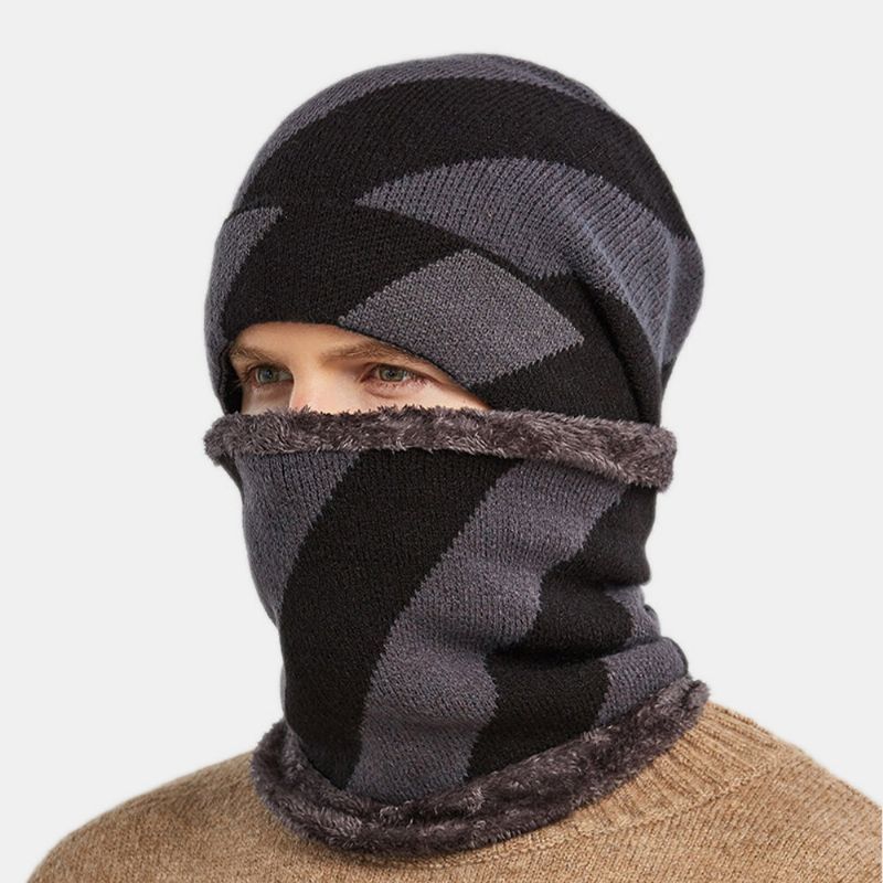 Hombres 2pcs Plus Terciopelo Grueso Trajes De Invierno Cálidos Patrón De Rayas Cuello Protección Facial Sombrero De Punto Bufanda