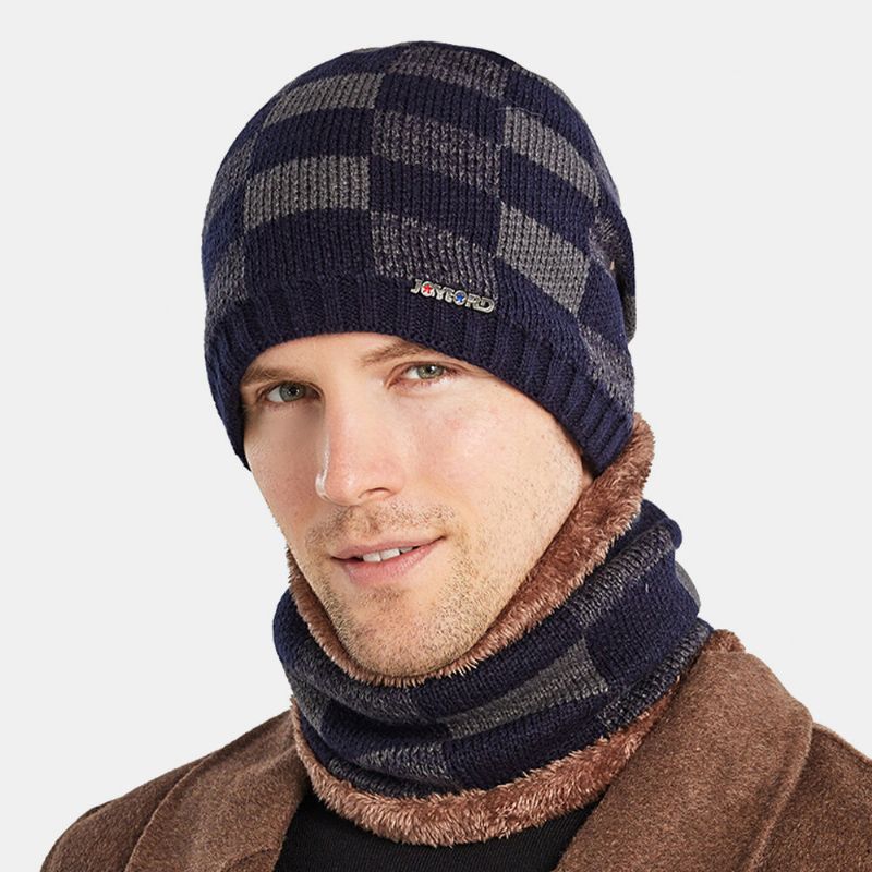 Hombres 2pcs Plus Terciopelo Grueso Trajes De Invierno Cálidos Patrones Geométricos Cuello Protección Facial Sombrero De Punto Bufanda