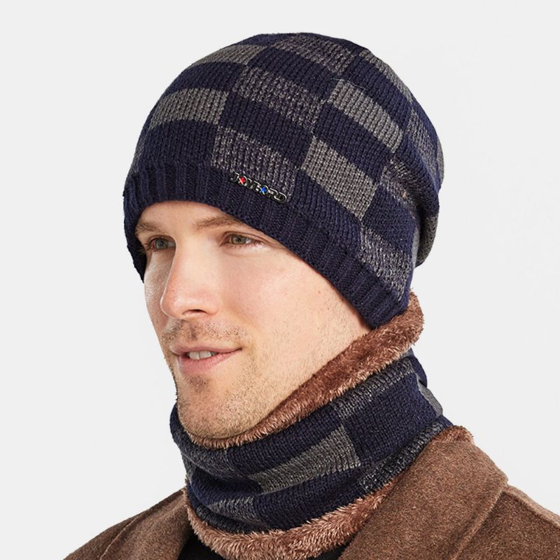 Hombres 2pcs Plus Terciopelo Grueso Trajes De Invierno Cálidos Patrones Geométricos Cuello Protección Facial Sombrero De Punto Bufanda