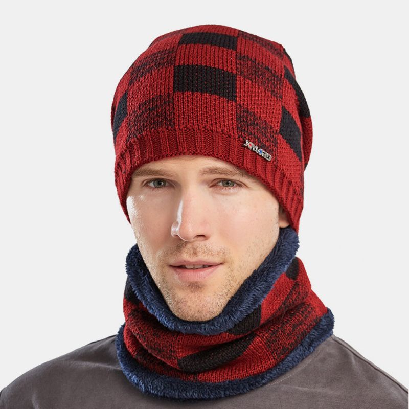 Hombres 2pcs Plus Terciopelo Grueso Trajes De Invierno Cálidos Patrones Geométricos Cuello Protección Facial Sombrero De Punto Bufanda