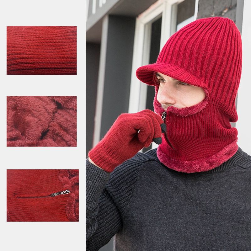 Hombres 2pcs Plus Velvet Winter Keep Warm Neck Face Ptotection Sombrero De Una Pieza Bufanda Beanie Guantes De Dedo Completo