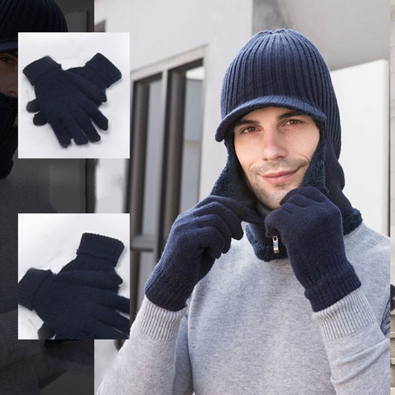 Hombres 2pcs Plus Velvet Winter Keep Warm Neck Face Ptotection Sombrero De Una Pieza Bufanda Beanie Guantes De Dedo Completo