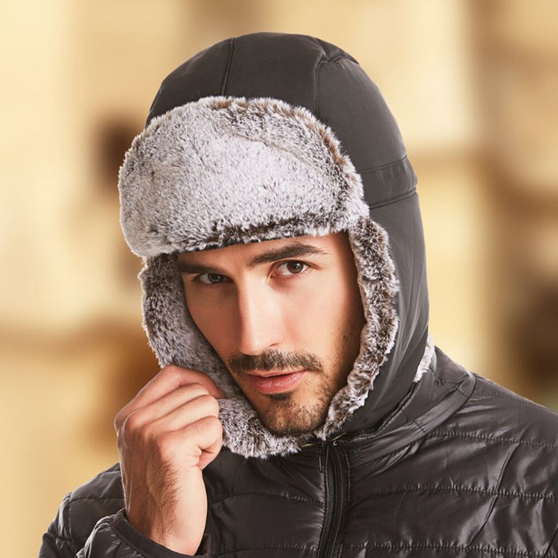 Hombres 2pcs Plush Plus Velvet Keep Warm Ear Protección Facial A Prueba De Viento Ciclismo Deporte Trapper Sombrero Máscara Desmontable