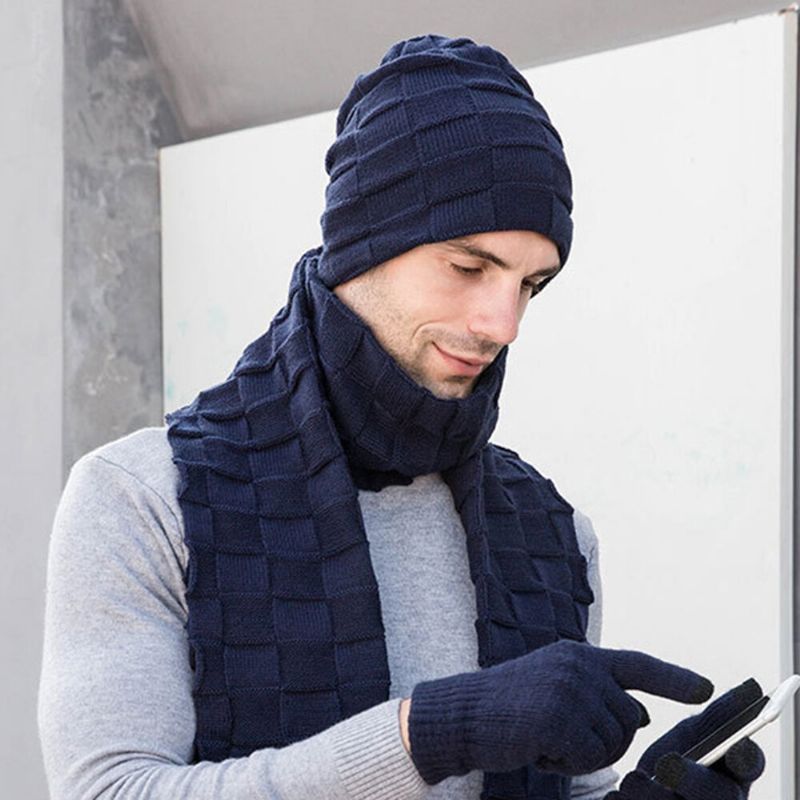 Hombres 3pcs Color Sólido Mantener Caliente Conjuntos Moda Casual Sombrero De Lana Beanie Bufanda Guantes De Dedo Completo