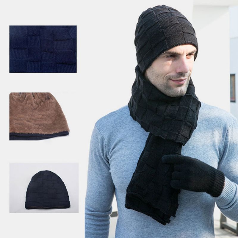 Hombres 3pcs Color Sólido Mantener Caliente Conjuntos Moda Casual Sombrero De Lana Beanie Bufanda Guantes De Dedo Completo