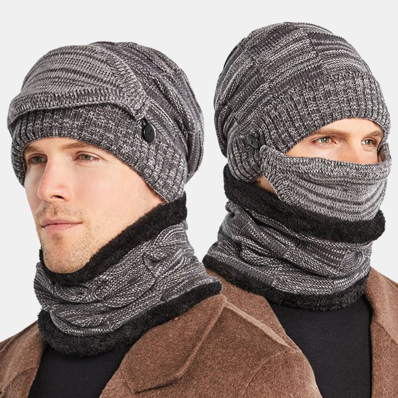 Hombres 3pcs Plus Terciopelo Grueso Cálido Trajes De Invierno Cuello Protección Facial Sombrero De Punto Bufanda Máscara