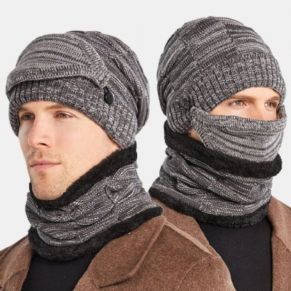 Hombres 3pcs Plus Terciopelo Grueso Cálido Trajes De Invierno Cuello Protección Facial Sombrero De Punto Bufanda Máscara