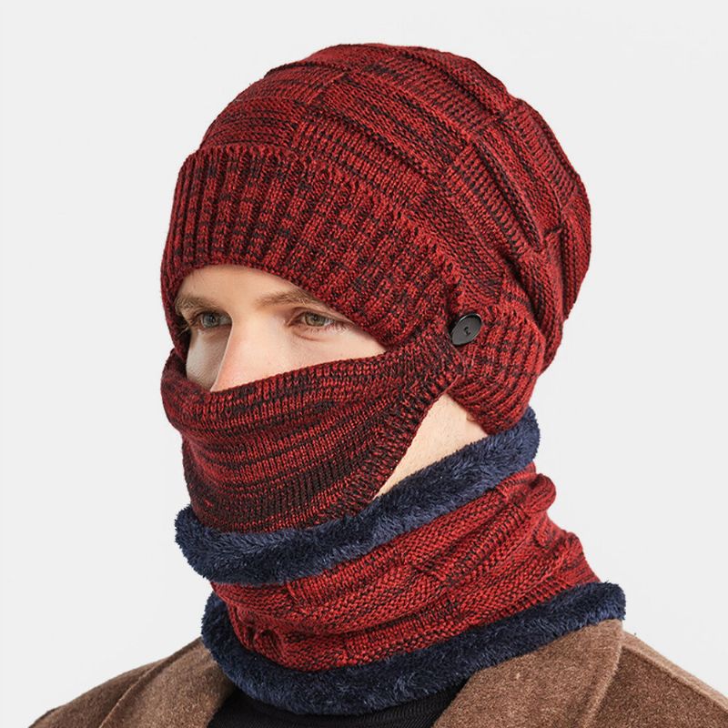 Hombres 3pcs Plus Terciopelo Grueso Cálido Trajes De Invierno Cuello Protección Facial Sombrero De Punto Bufanda Máscara