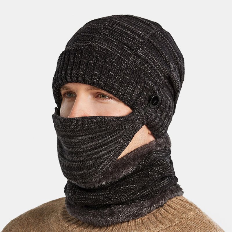 Hombres 3pcs Plus Terciopelo Grueso Cálido Trajes De Invierno Cuello Protección Facial Sombrero De Punto Bufanda Máscara