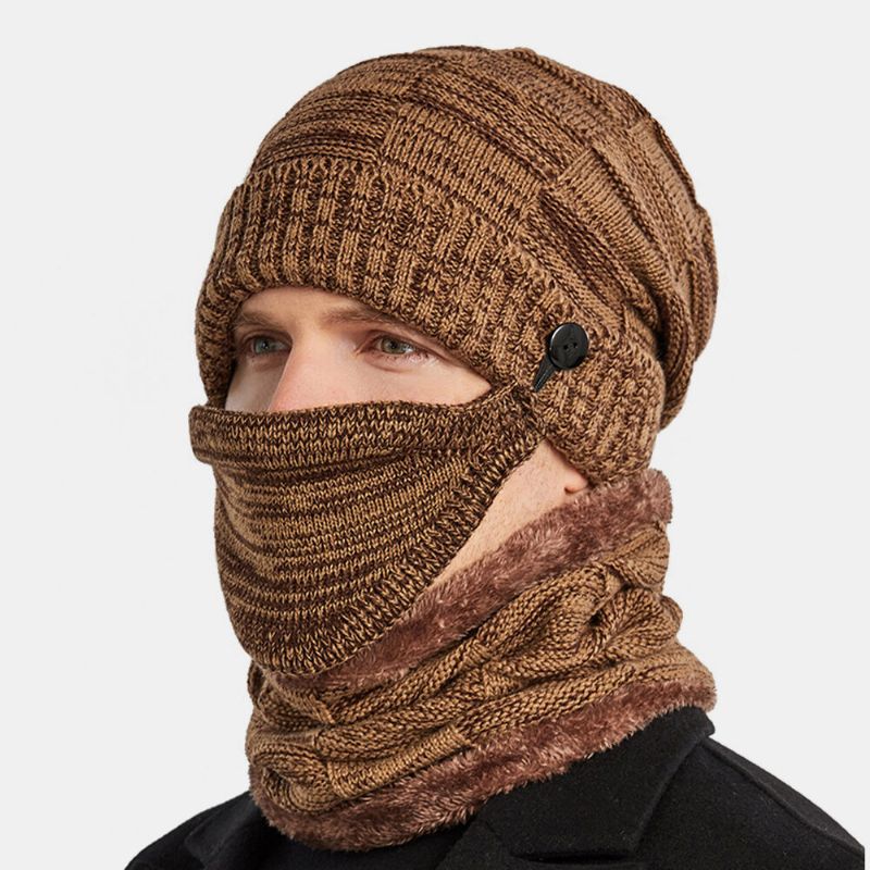 Hombres 3pcs Plus Terciopelo Grueso Cálido Trajes De Invierno Cuello Protección Facial Sombrero De Punto Bufanda Máscara