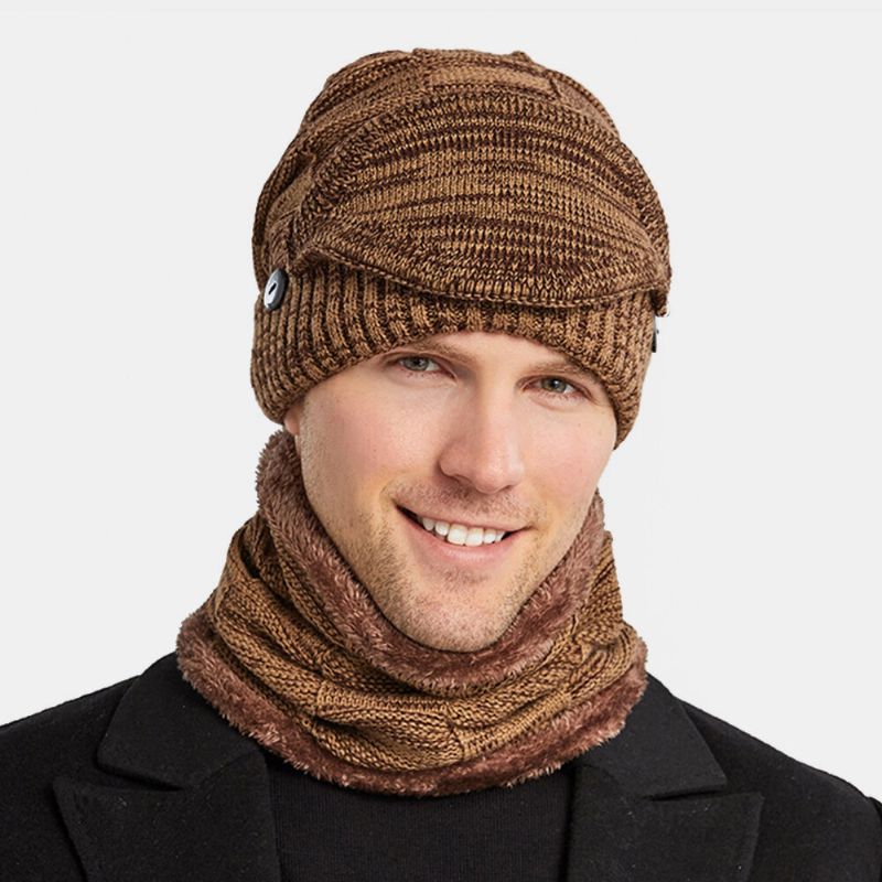 Hombres 3pcs Plus Terciopelo Grueso Cálido Trajes De Invierno Cuello Protección Facial Sombrero De Punto Bufanda Máscara