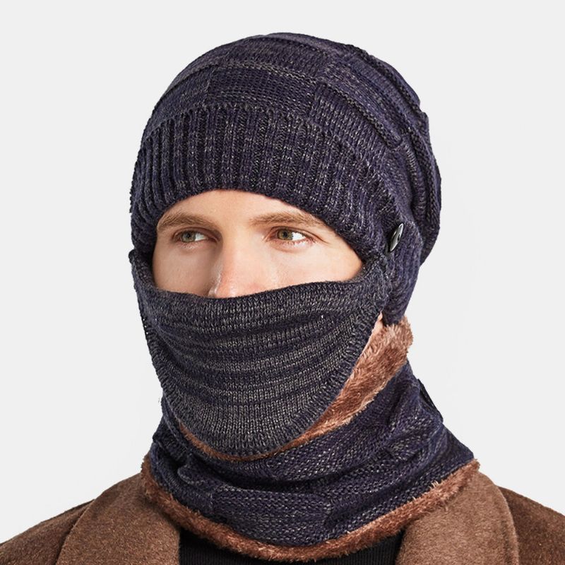 Hombres 3pcs Plus Terciopelo Grueso Cálido Trajes De Invierno Cuello Protección Facial Sombrero De Punto Bufanda Máscara