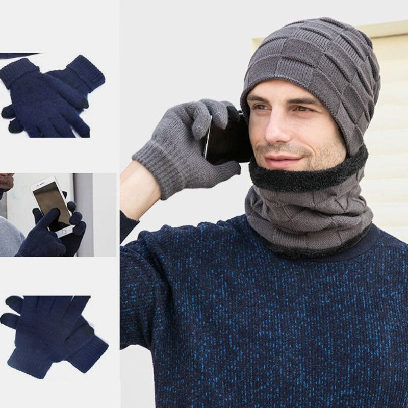 Hombres 3pcs Plus Velvet Keep Warm Winter Protección Del Cuello Sombrero Bufanda Guantes De Dedo Completo Gorro De Punto Gorro