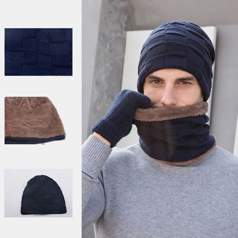 Hombres 3pcs Plus Velvet Keep Warm Winter Protección Del Cuello Sombrero Bufanda Guantes De Dedo Completo Gorro De Punto Gorro