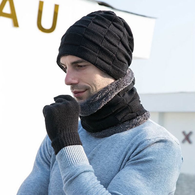 Hombres 3pcs Plus Velvet Keep Warm Winter Protección Del Cuello Sombrero Bufanda Guantes De Dedo Completo Gorro De Punto Gorro