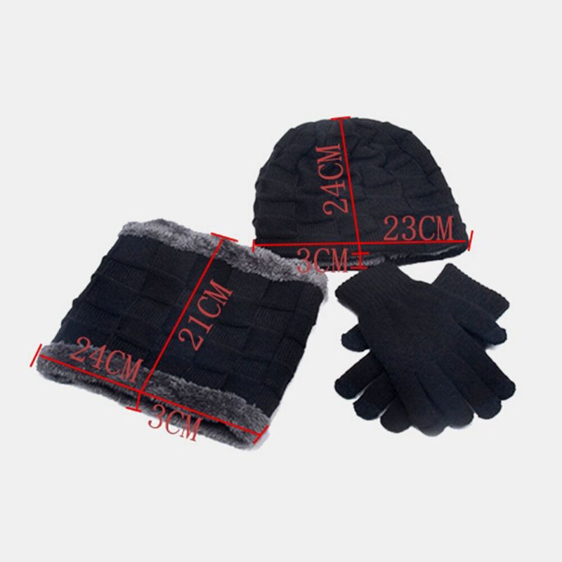 Hombres 3pcs Plus Velvet Keep Warm Winter Protección Del Cuello Sombrero Bufanda Guantes De Dedo Completo Gorro De Punto Gorro