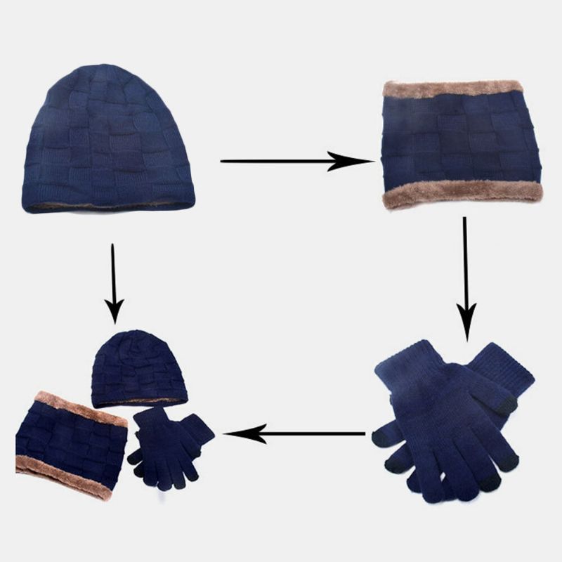 Hombres 3pcs Plus Velvet Keep Warm Winter Protección Del Cuello Sombrero Bufanda Guantes De Dedo Completo Gorro De Punto Gorro