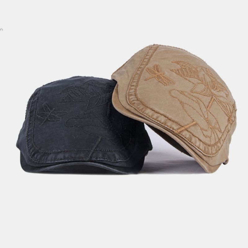 Hombres Algodón Bordado Patrón Floral Casual Retro Ajustable Parasol Adelante Sombrero Boina Gorra Sombrero Plano