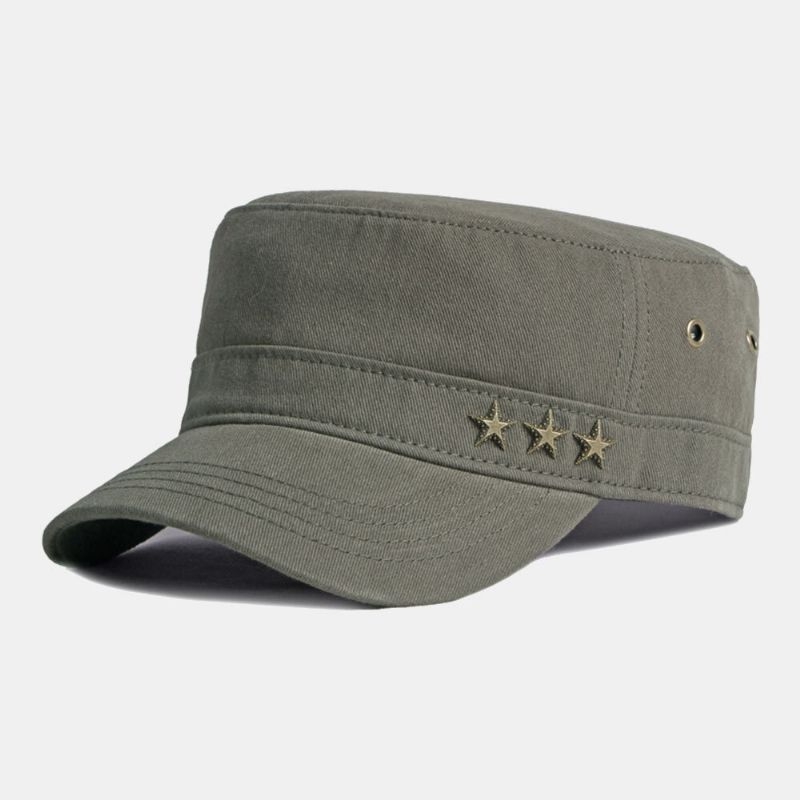 Hombres Algodón Color Sólido Estrella De Cinco Puntas Moda Británica Protector Solar Parasol Gorra Plana Sombrero Militar