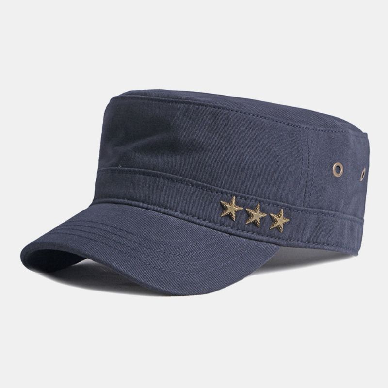 Hombres Algodón Color Sólido Estrella De Cinco Puntas Moda Británica Protector Solar Parasol Gorra Plana Sombrero Militar