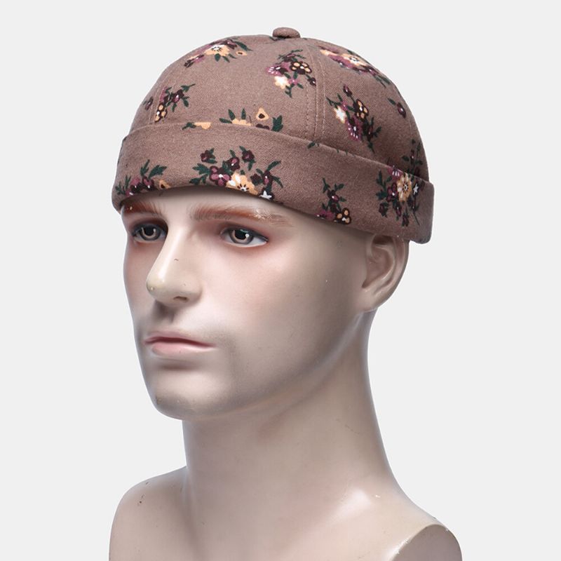 Hombres Algodón Flores Patrón Ajustable Retro Casual Crimping Beanie Landlord Cap Skull Cap