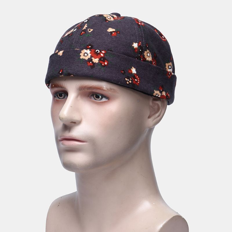 Hombres Algodón Flores Patrón Ajustable Retro Casual Crimping Beanie Landlord Cap Skull Cap