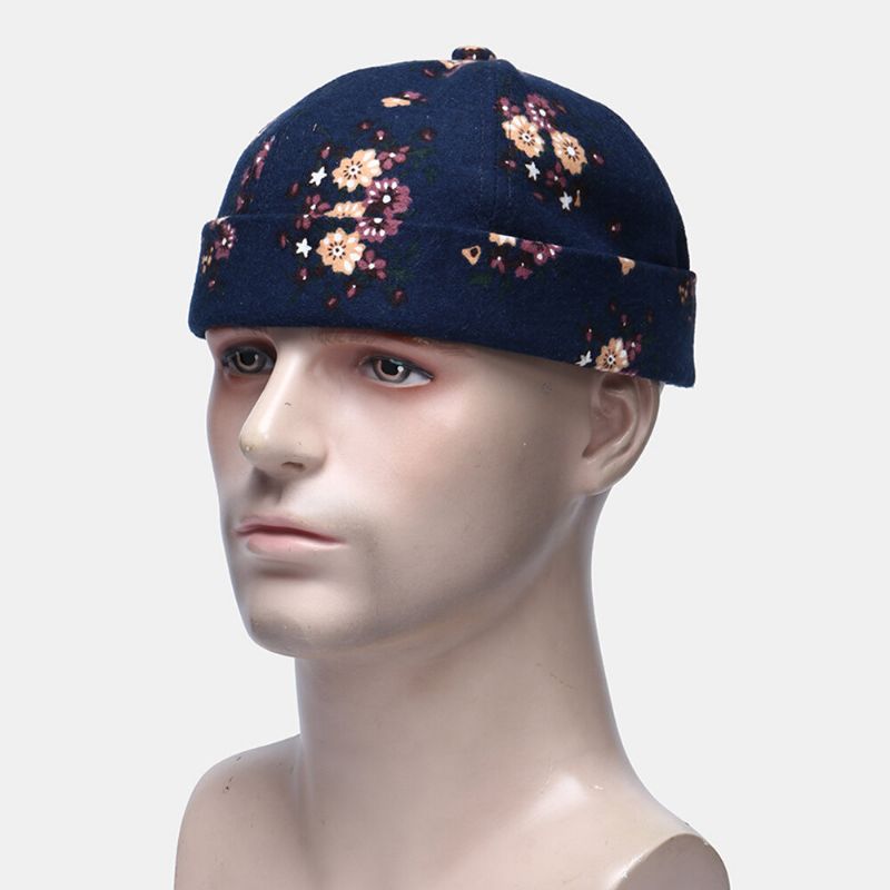 Hombres Algodón Flores Patrón Ajustable Retro Casual Crimping Beanie Landlord Cap Skull Cap