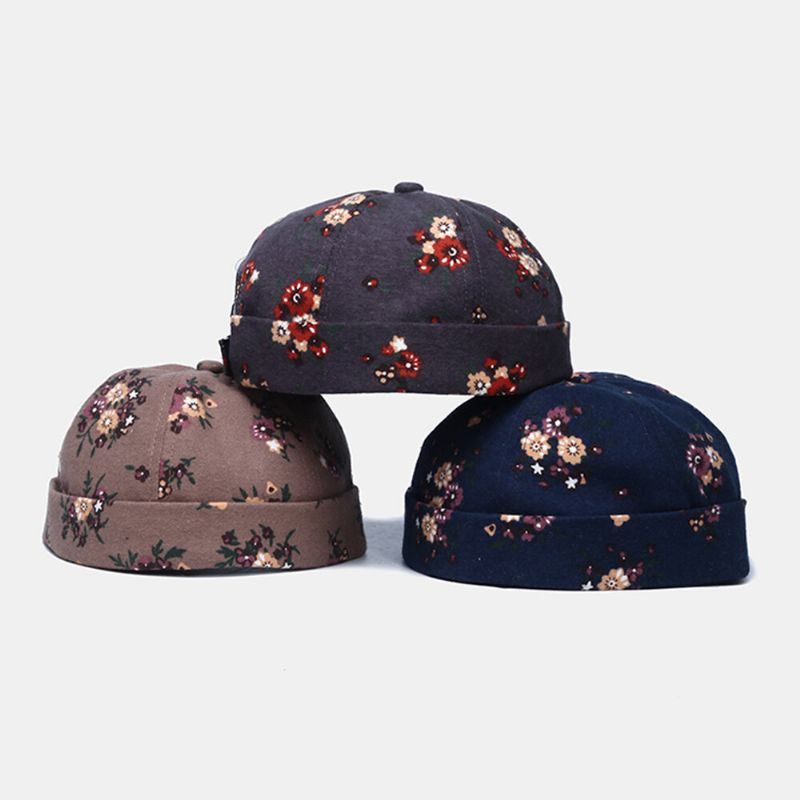 Hombres Algodón Flores Patrón Ajustable Retro Casual Crimping Beanie Landlord Cap Skull Cap