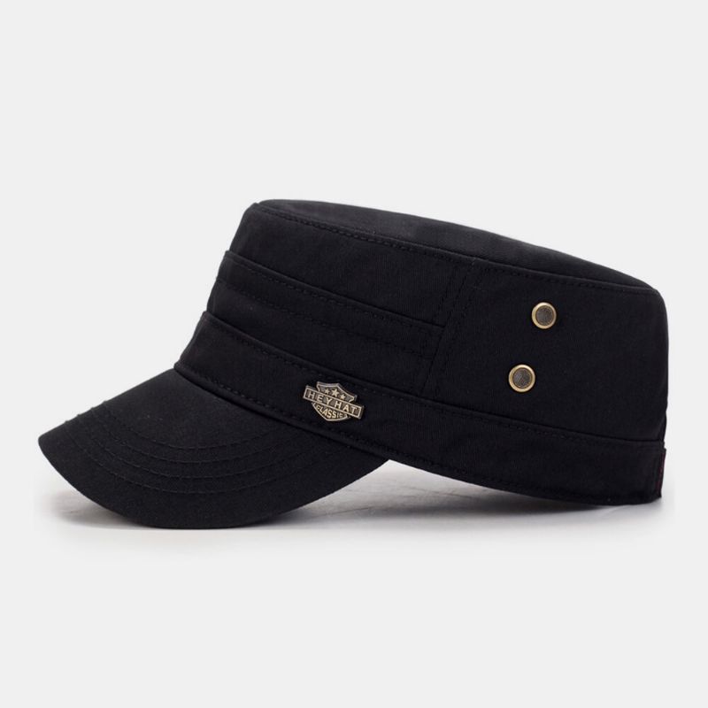 Hombres Algodón Metal Carta Insignia Remache Ajustable Deporte Al Aire Libre Sombrilla Sombrero Plano Gorra Con Visera Sombrero Militar