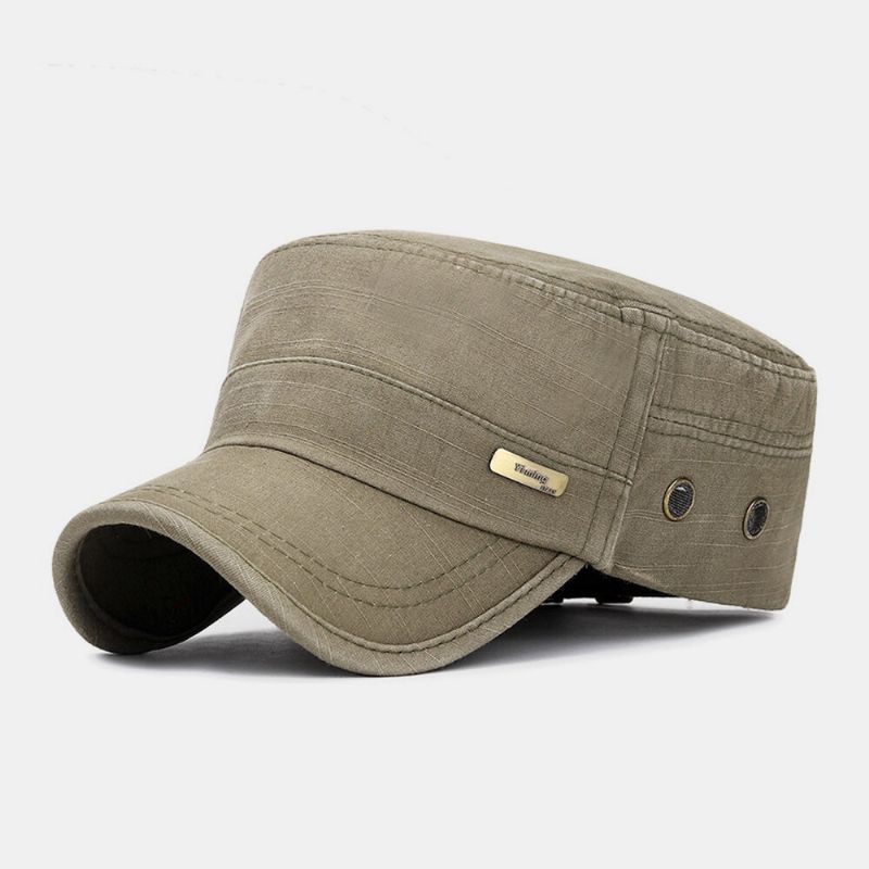 Hombres Algodón Metal Insignia De Letras Color Sólido Lavado Make-old Malla Transpirable Transpiración Sombrero Plano Al Aire Libre Gorra Con Visera Sombrero Militar