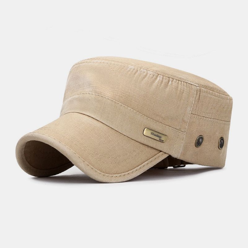 Hombres Algodón Metal Insignia De Letras Color Sólido Lavado Make-old Malla Transpirable Transpiración Sombrero Plano Al Aire Libre Gorra Con Visera Sombrero Militar