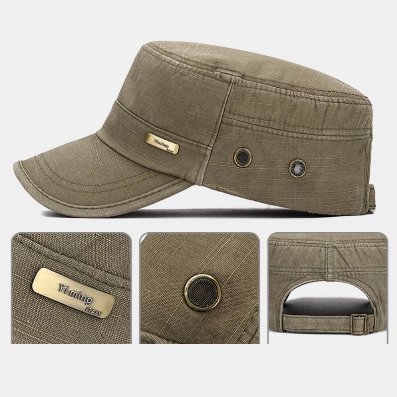 Hombres Algodón Metal Insignia De Letras Color Sólido Lavado Make-old Malla Transpirable Transpiración Sombrero Plano Al Aire Libre Gorra Con Visera Sombrero Militar